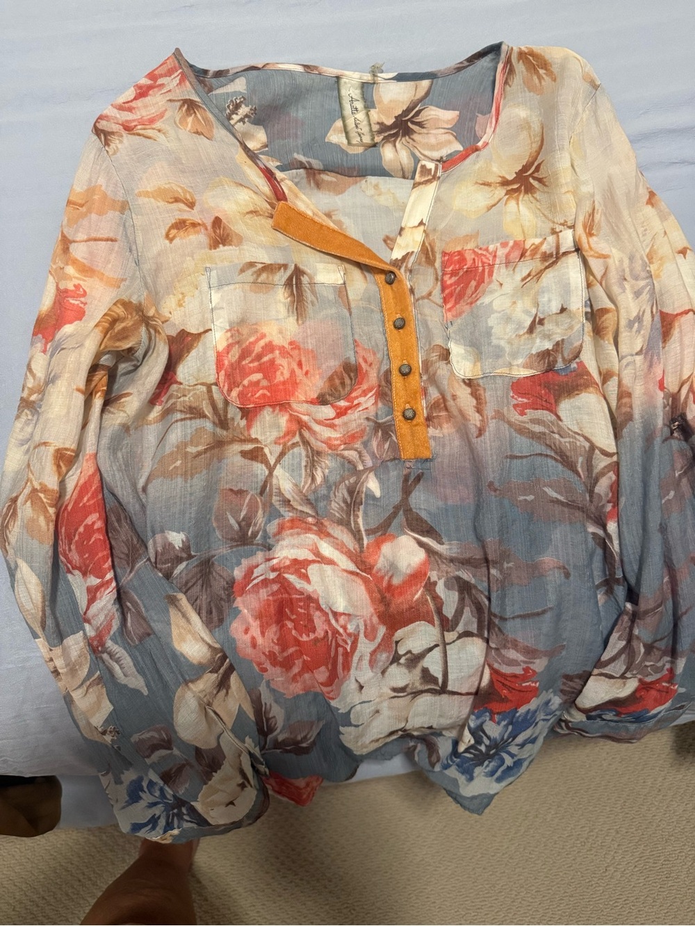 Floral Lightweight Button-Front Women's Top in Coral & Blue
